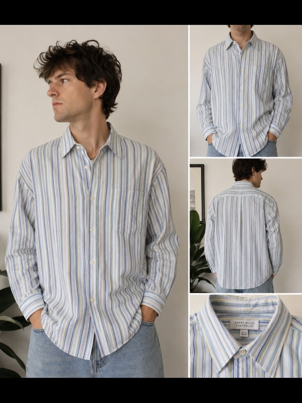 Perry Ellis Light Blue Stripe Cotton Button-Up Shirt